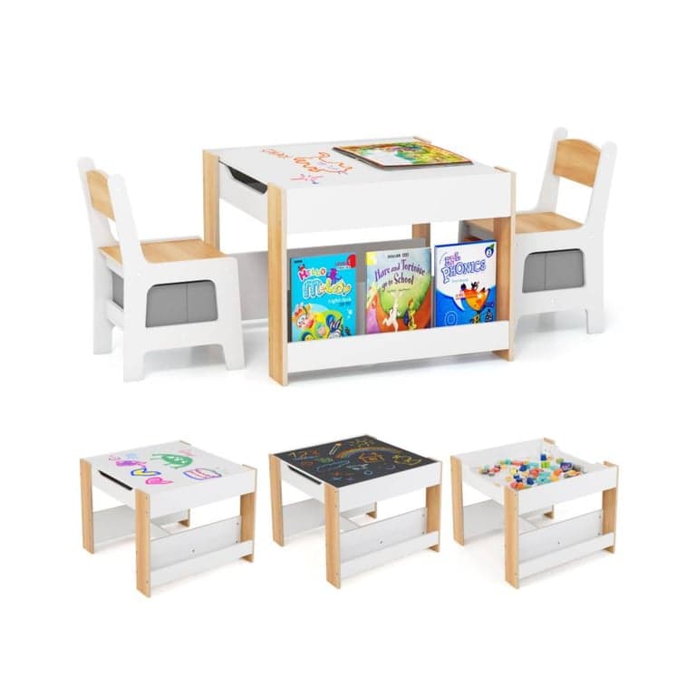 Costway 4-in-1 Activity Table and Chairs Set With Reversible Tabletop Natural