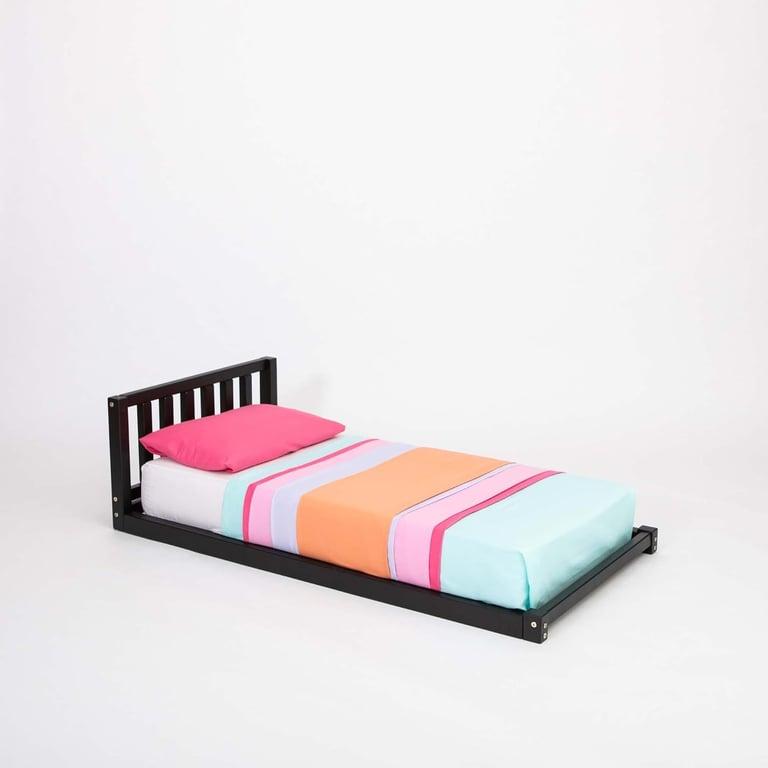 Montessori Sweet Home From Wood Wooden Floor Bed With Headboard Single Black