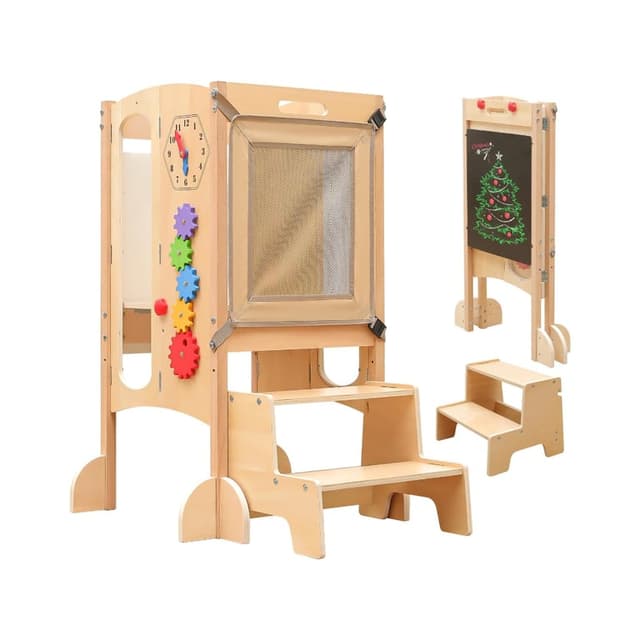 JUZBOT Toddler Kitchen Step Stool With Whiteboard and Chalkboard