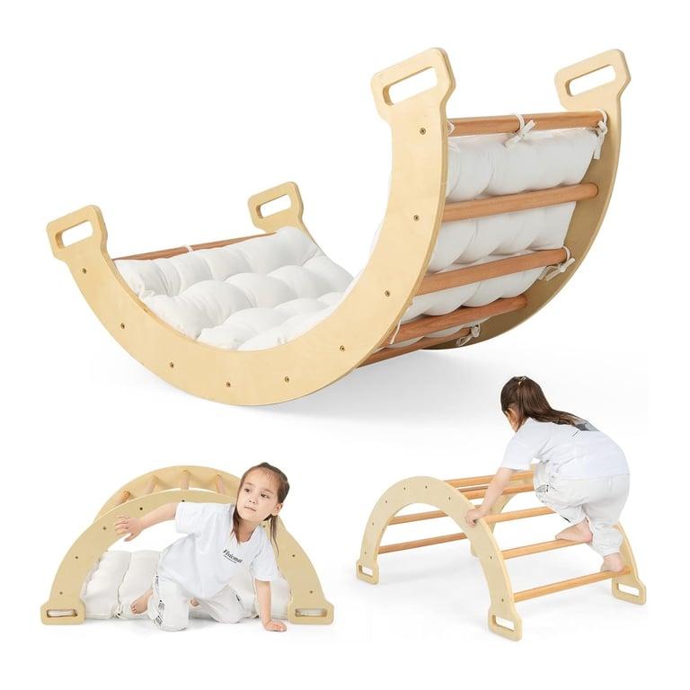 Montessori HONEY JOY 3-in-1 Wooden Arch Climbing Playset With Cozy Cushion Natural