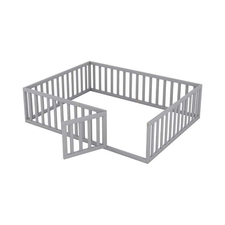 Montessori Harper & Bright Designs Queen Size Floor Bed With Rails, Fence, and Door Gray