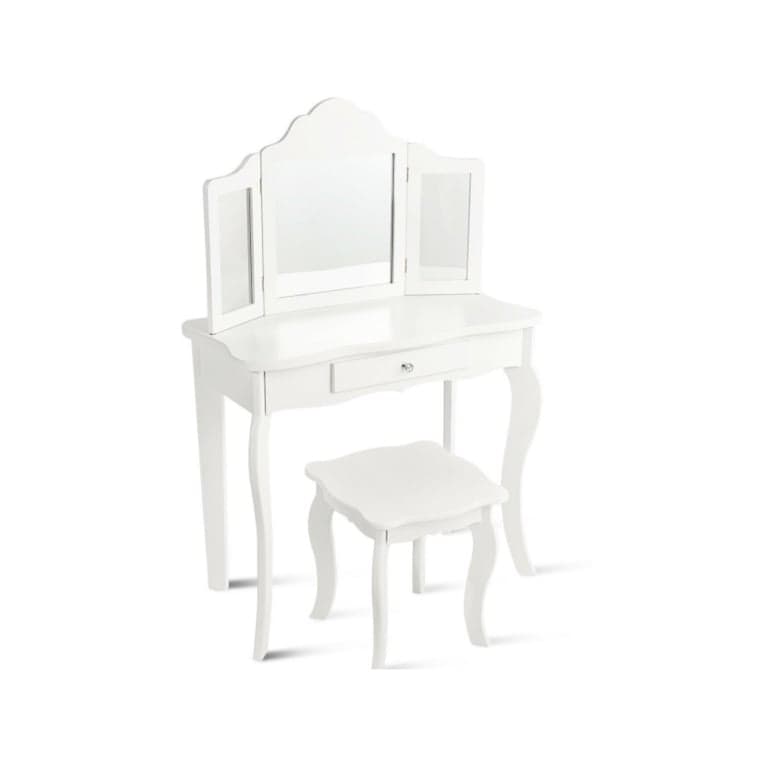 Costway Dressing Vanity Set With Detachable Tri-Folding Mirror and Stool White