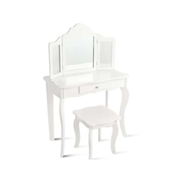 Costway Dressing Vanity Set With Detachable Tri-Folding Mirror and Stool White