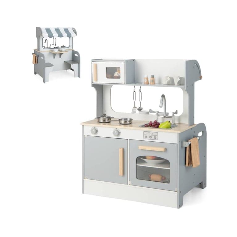 Costway Double Sided Pretend Kitchen Playset With 2-Seat Cafe