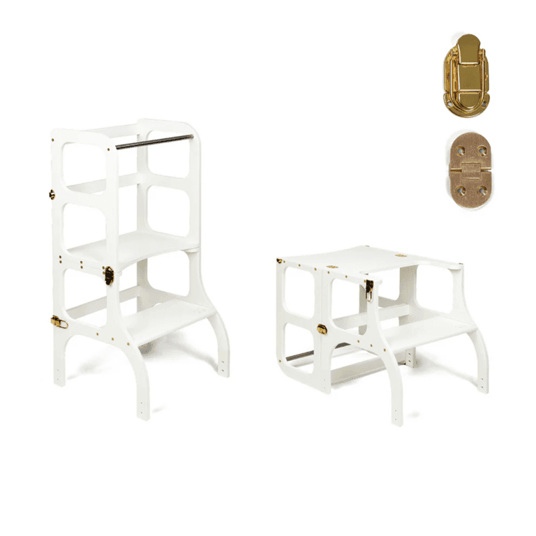 Montessori Ette Tete STEP'n'SIT® Helper Tower Table Convertible 2-in-1 White With Gold Clasp Locks