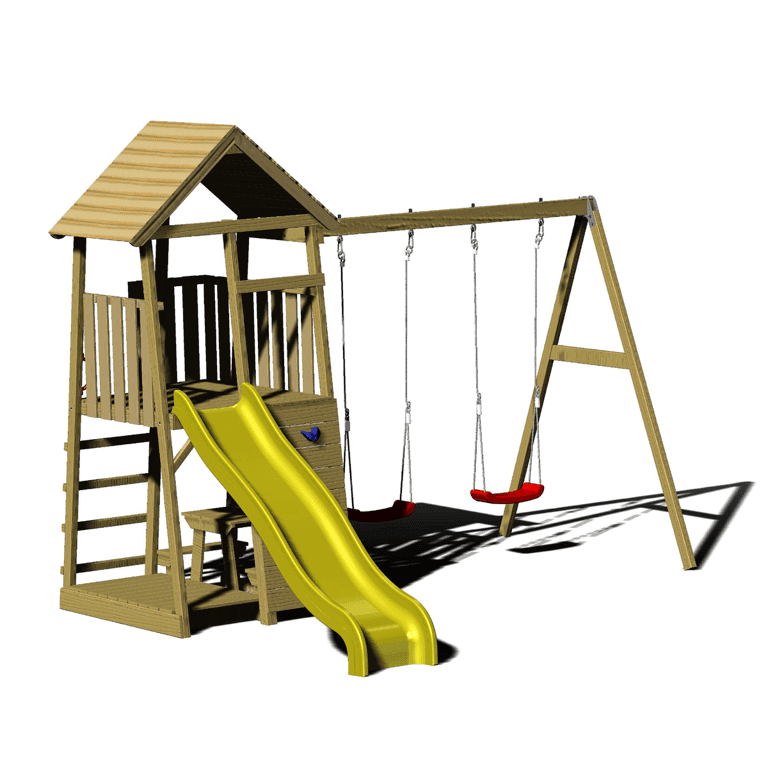 Montessori Wendi Toys Junior Play Tower Swing Set With Slide, Sandpit, Picnic Bench, and Double Swing