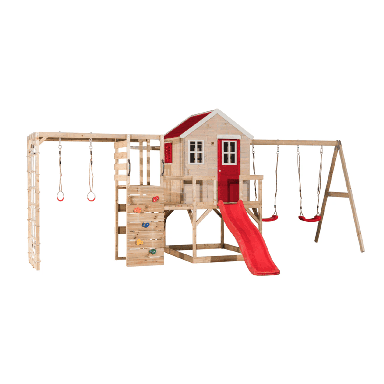 Montessori Wendi Toys My Lodge Swing Set With Platform, Slide, Double Swing, and Gym Attachment Red