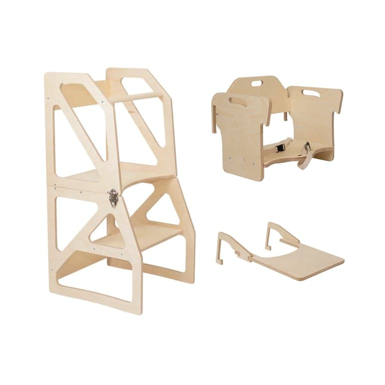 Lumbary Transformable Kitchen Tower Modustep and High Chair Combo Natural
