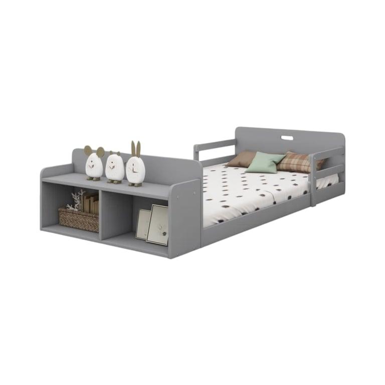 Montessori Ebern Designs Brecon Storage Wooden Twin Floor Bed With Headboard, Footboard, and Guardrail Gray