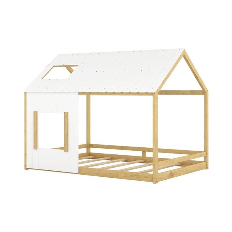 Montessori Prohon Wooden House Bed With Roof and Window Full Size White and Natural