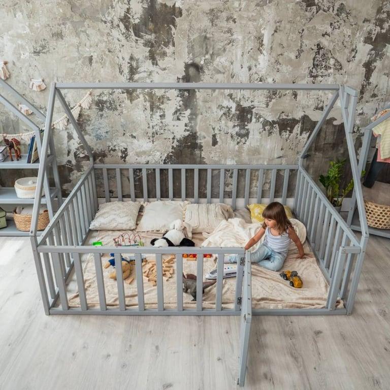 Montessori BusyWood Floor Bed Playpen House Frame Full Size Gray