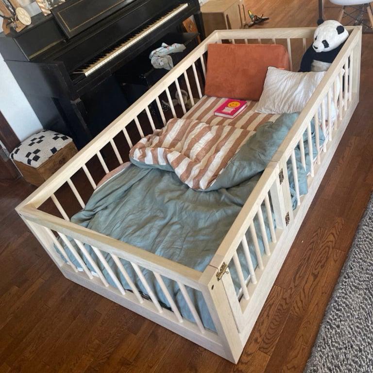 Montessori Coastal Hippie Design Twin Floor Bed With Rails and Gate