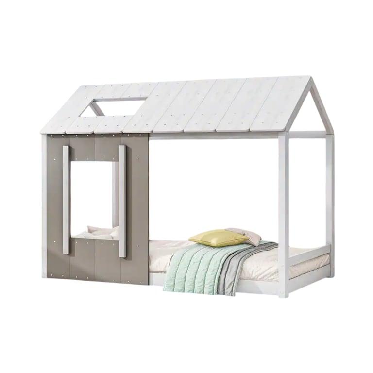 Montessori Bed Bath & Beyond Wooden House Twin Floor Bed With Roof and Window White and Antique Grey