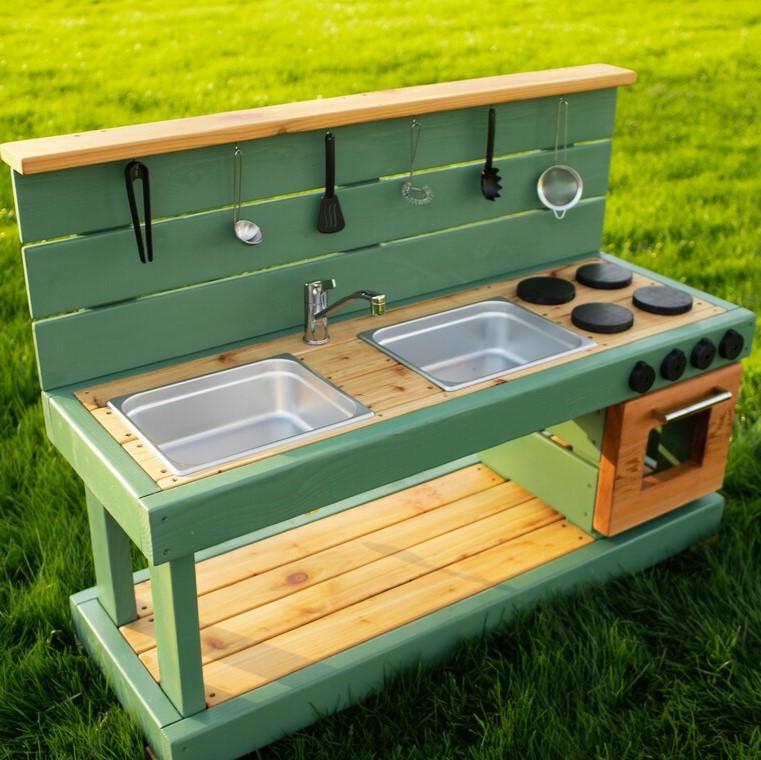 Montessori Noble Wooden Toys Mud Kitchen With Oven, Working Faucet, and 2 Drains Dusty Green