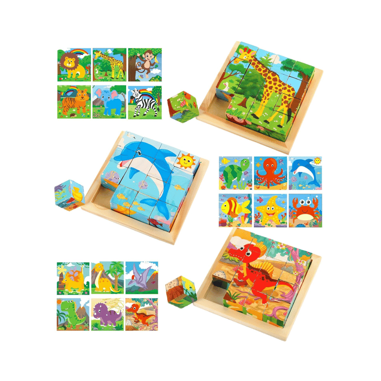 Montessori Libima 3 Packs Wooden Cube Puzzle With Storage Tray