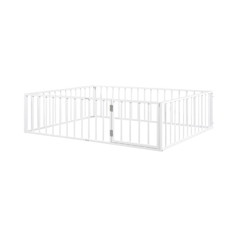 Montessori Harper & Bright Designs Queen Size Floor Bed With Rails, Fence, and Door Metal White