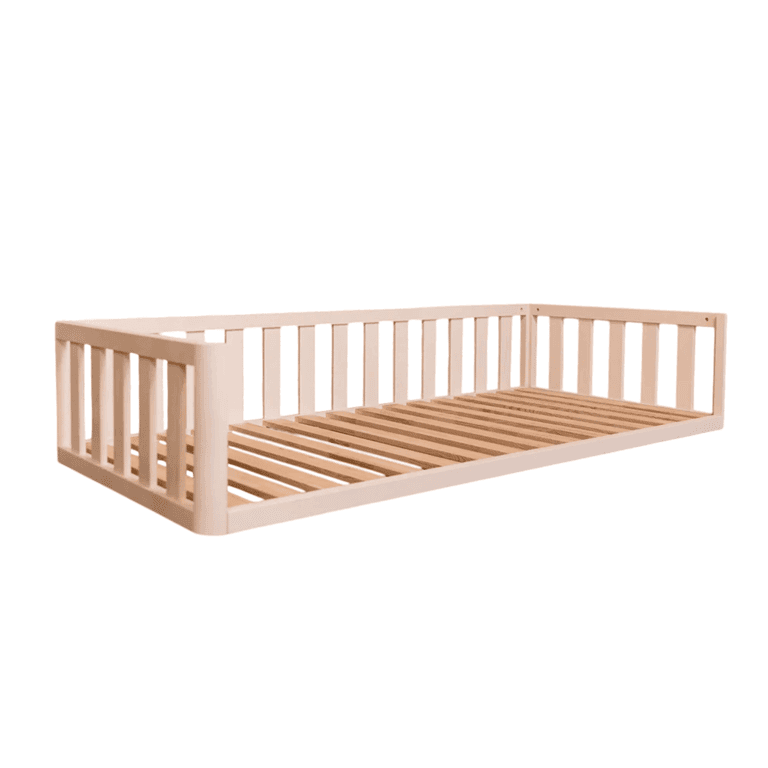 Montessori MandreleKids Twin Size Floor Bed No Front Railings With Rounded Outer Corners White