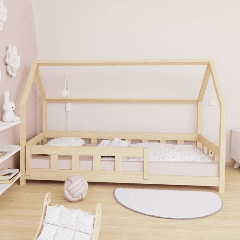 Benlemi House Bed Plotty With Side Panel and Front Safety Rail Unvarnished 90x190 CM