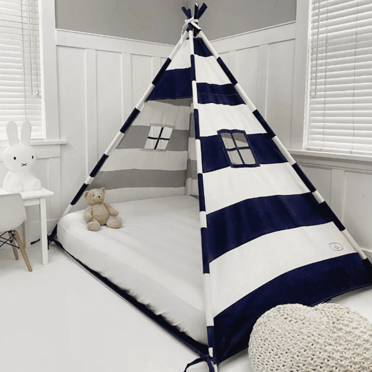 Domestic Objects Play Tent Canopy Bed in Navy Blue and White Stripe Canvas Full