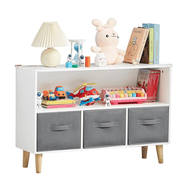 Montessori CUANBOZAM Wooden Toy Storage Organizer With Fabric Bins Grey