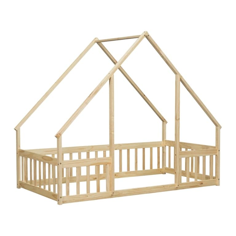 PVWIIK Single House Floor Bed With Fence & Guardrails