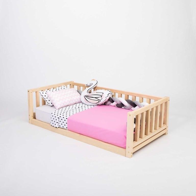 Montessori Sweet Home From Wood Floor Bed With Rails on 3 Sides Single Size Pine Wood