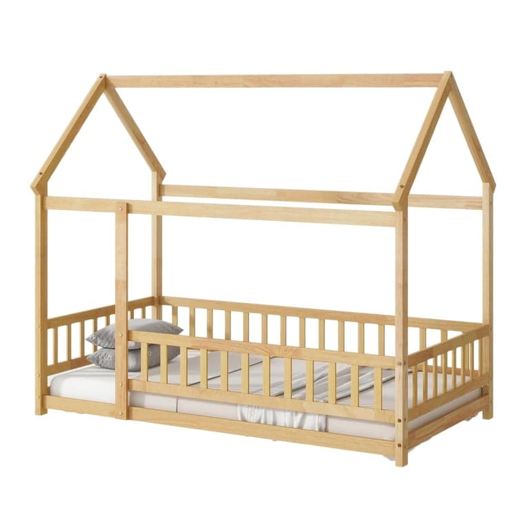 PVWIIK Single Floor Bed With Roof & Fence Natural