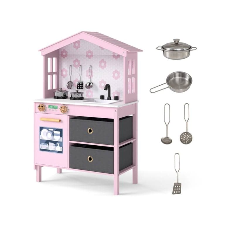 Costway Kitchen Play With 2 Stoves and Rotation Knobs Pink - Montessori Product