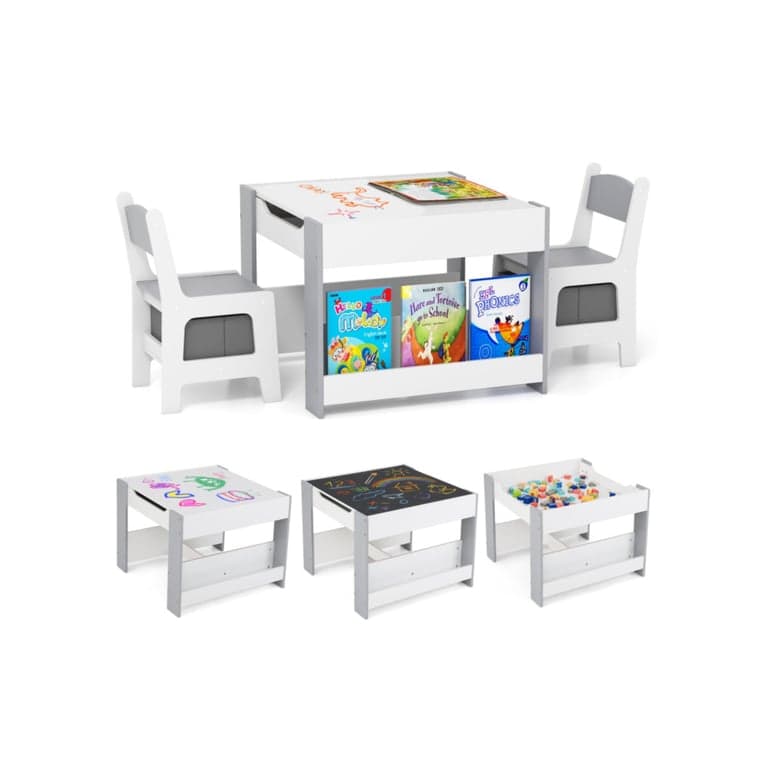 Costway 4-in-1 Activity Table and Chairs Set With Reversible Tabletop Gray