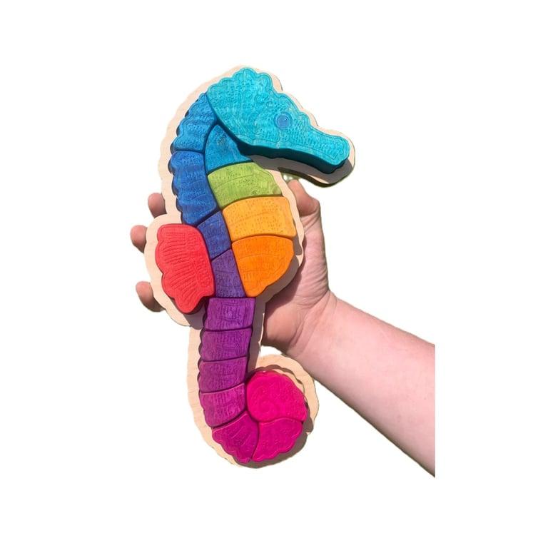 Montessori Sensory Play Wooden Seahorse Chunky Shape Puzzles