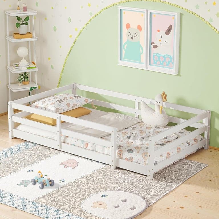 Osparple Single Size Floor Bed With Fence White