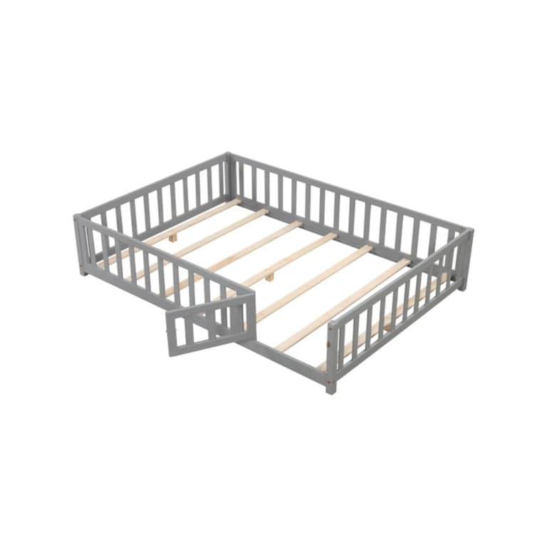 Costway Full SIze Montessori Bed Frame With Rails, Door, and Slats Gray