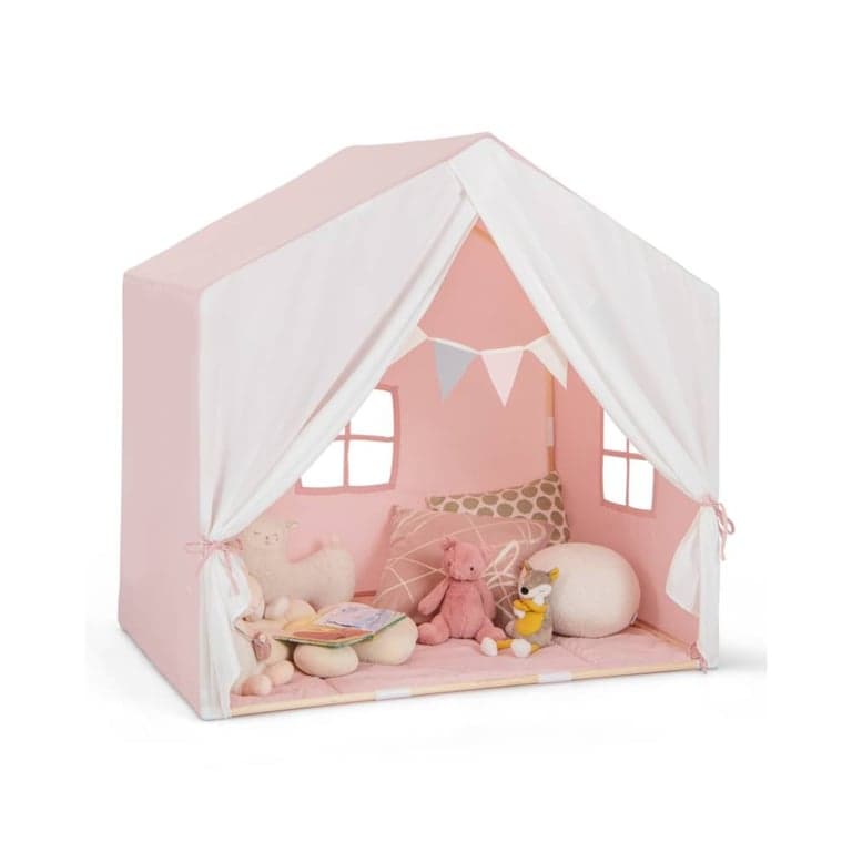 Costway Play Tent With Washable Cotton Mat and Flag Banner Pink