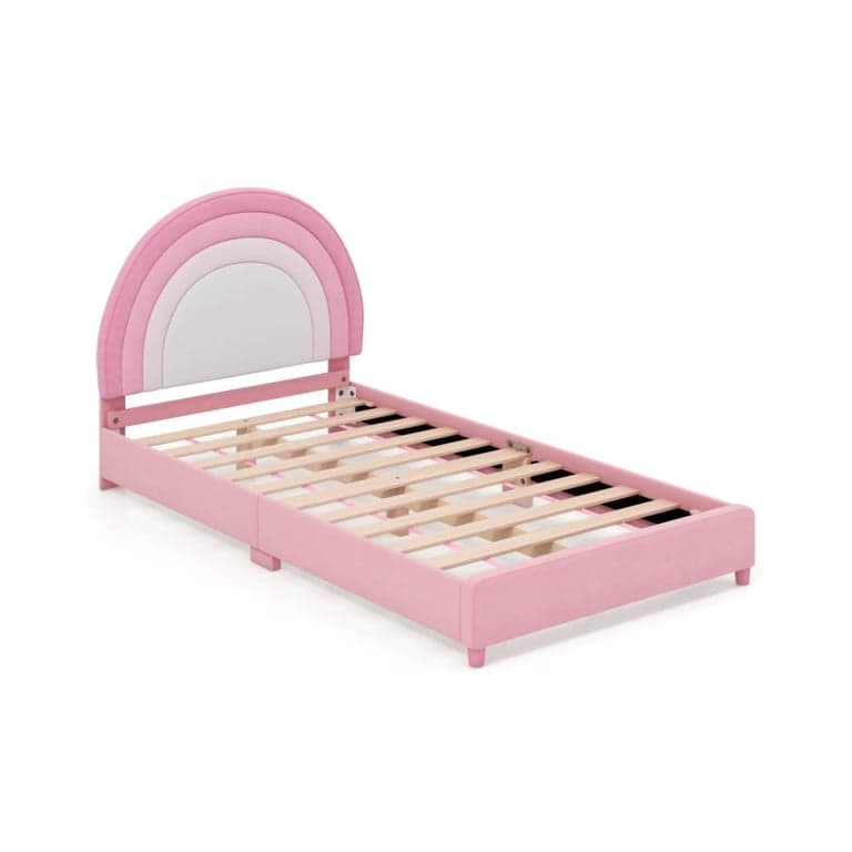 Costway Twin Bed Frame With Height-Adjustable Headboard and Sturdy Wooden Slats White and Pink