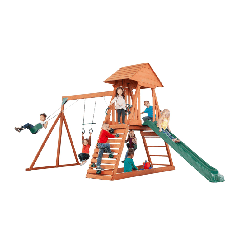 Montessori Creative Cedar The Cedar Chalet Wooden Backyard Playset With 2 Belt Swings, Trapeze, Sandbox, Slide, and Climbing Wall