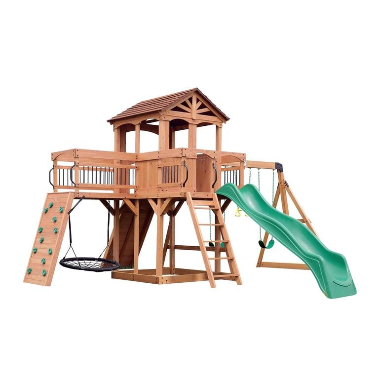 Montessori Backyard Discovery Sterling Point All Cedar Wooden Swing Set Green Slide