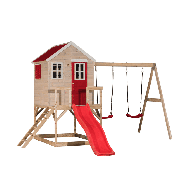 Montessori Wendi Toys My Lodge Swing Set With Platform, Slide, and Double Swing Red