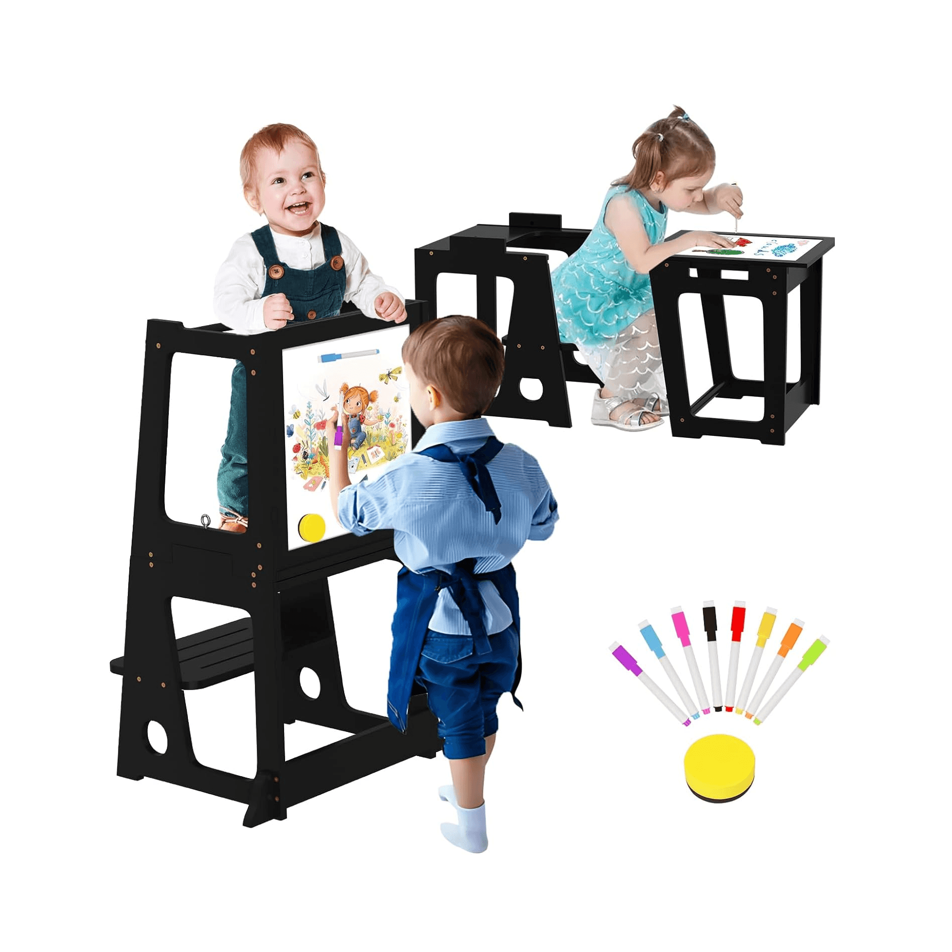 Montessori BueDeHai Convertible Learning Tower With Whiteboard 2 in 1 Black