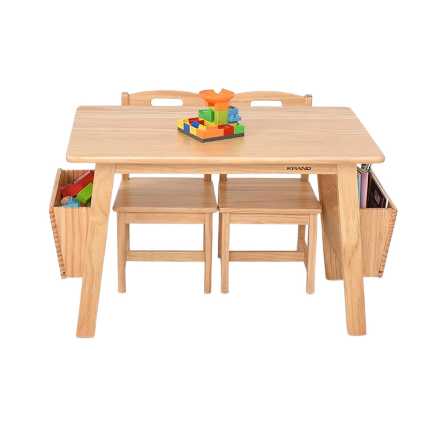Montessori KRAND Kids Solid Wood Activity Table and 2-Chair Set With Storage