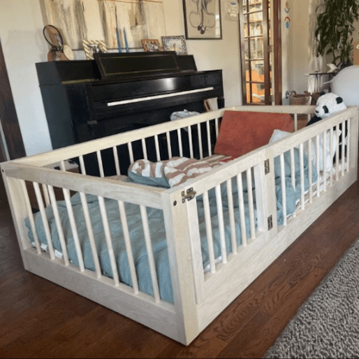 Montessori Coastal Hippie Design Twin Floor Bed With Rails and Gate