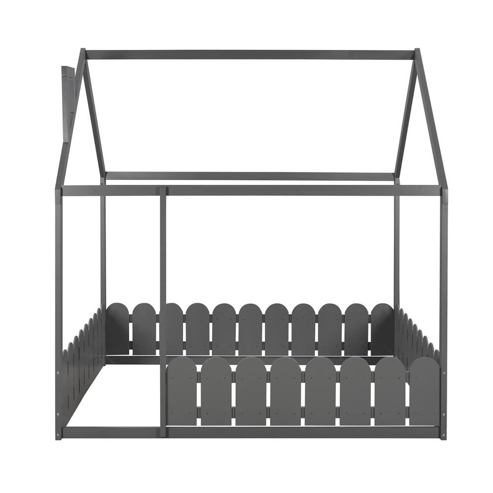 Montessori Meritline Full Size Floor House Bed Frame With Fence Gray