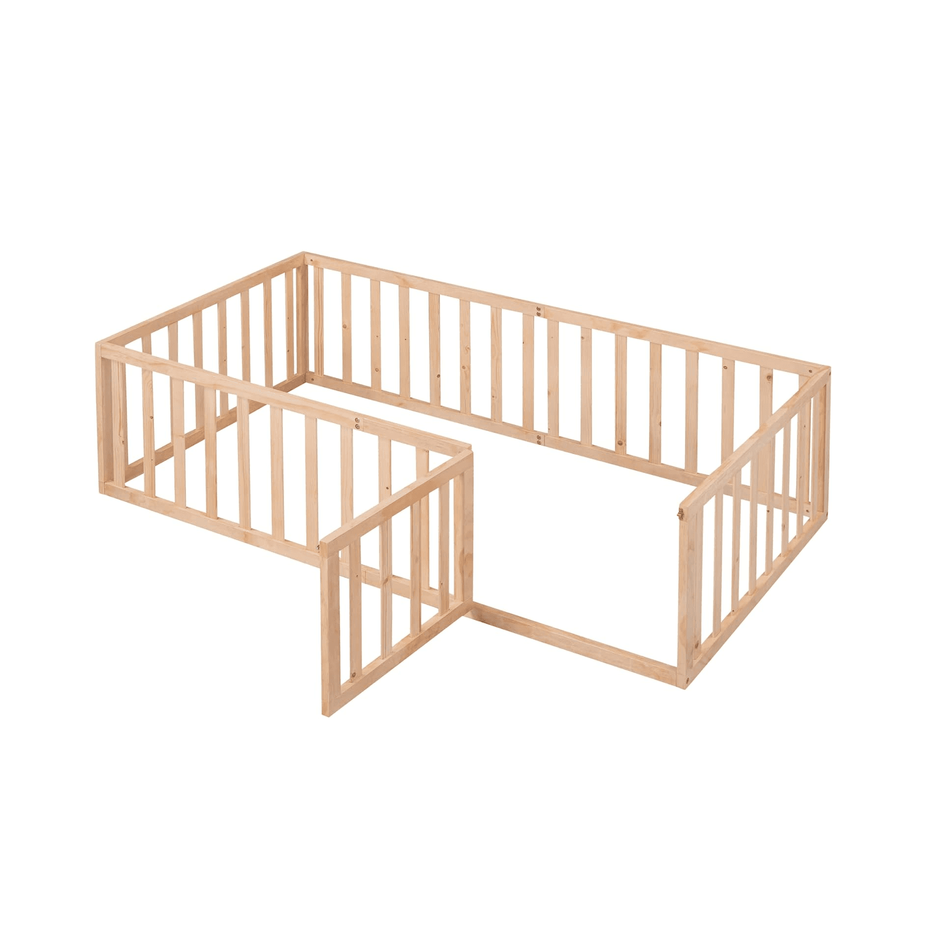 Montessori Bellemave Twin Size Floor Bed Frame With Fence Railings and Door Natural