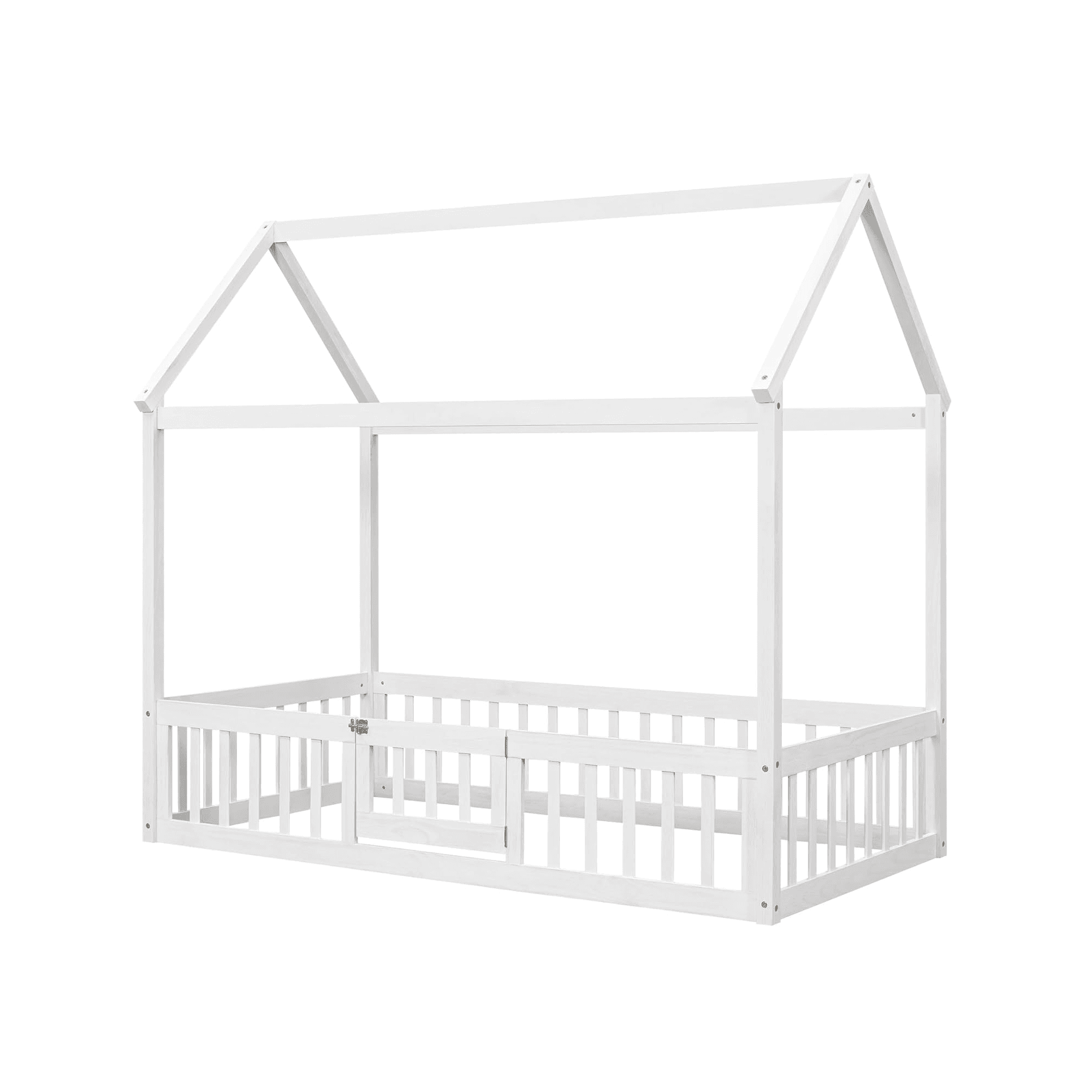 Montessori Meritline Twin Size Floor House Bed Frame With Fence & Door White