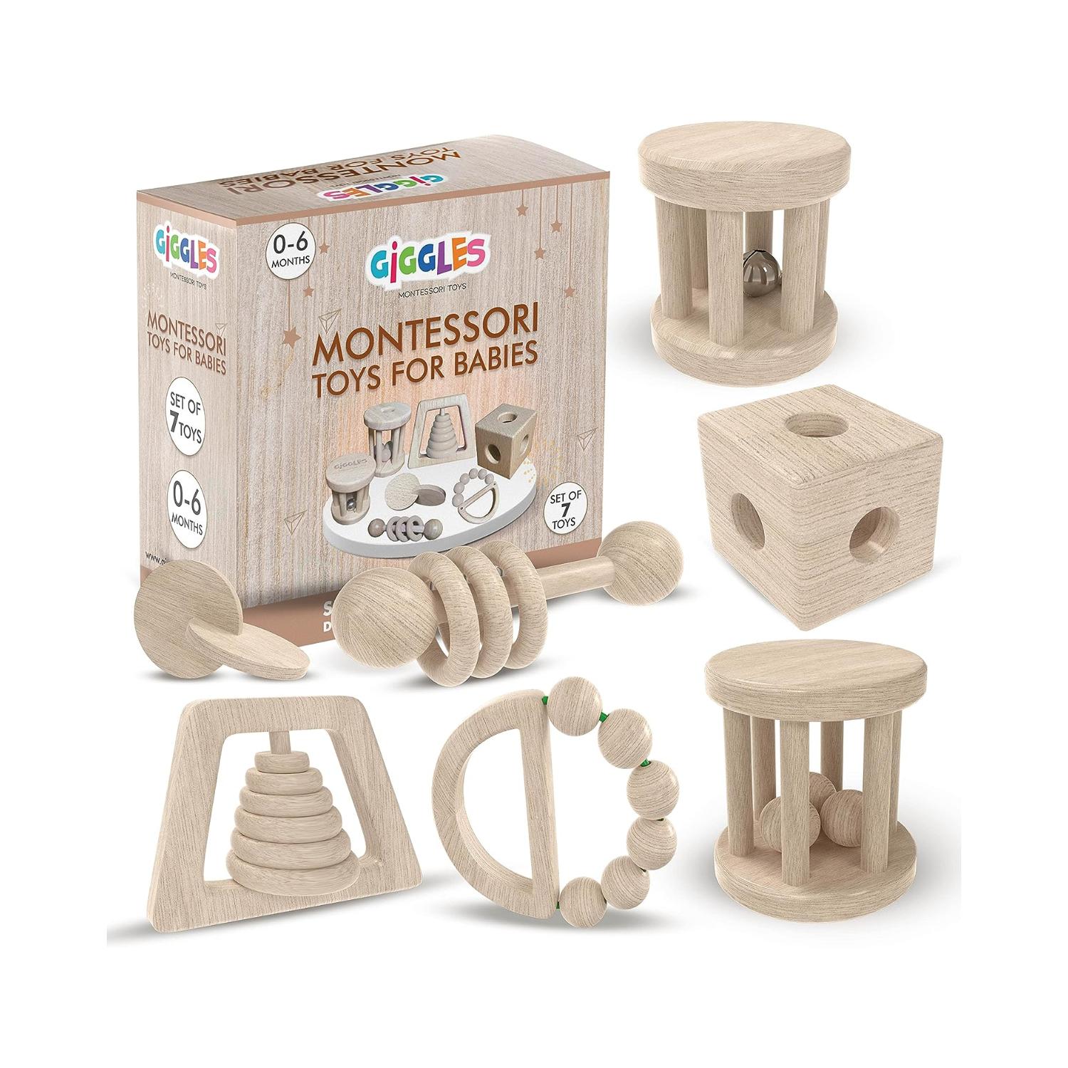 Montessori Giggles Montessori 7-Piece Wooden Rattle Natural