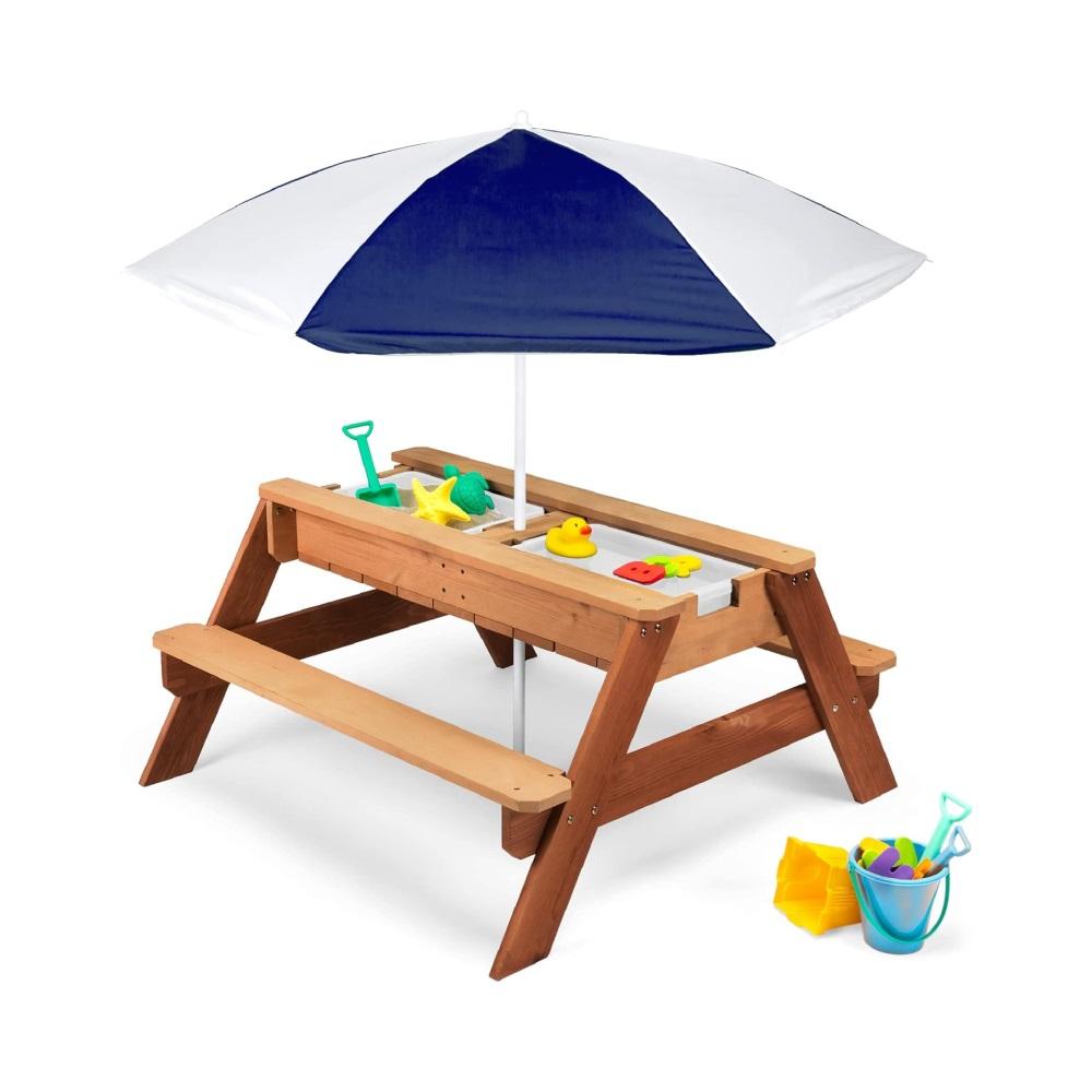 Montessori Best Choice Products Kids 3-in-1 Sand &#038; Water Activity Table With Umbrella Navy