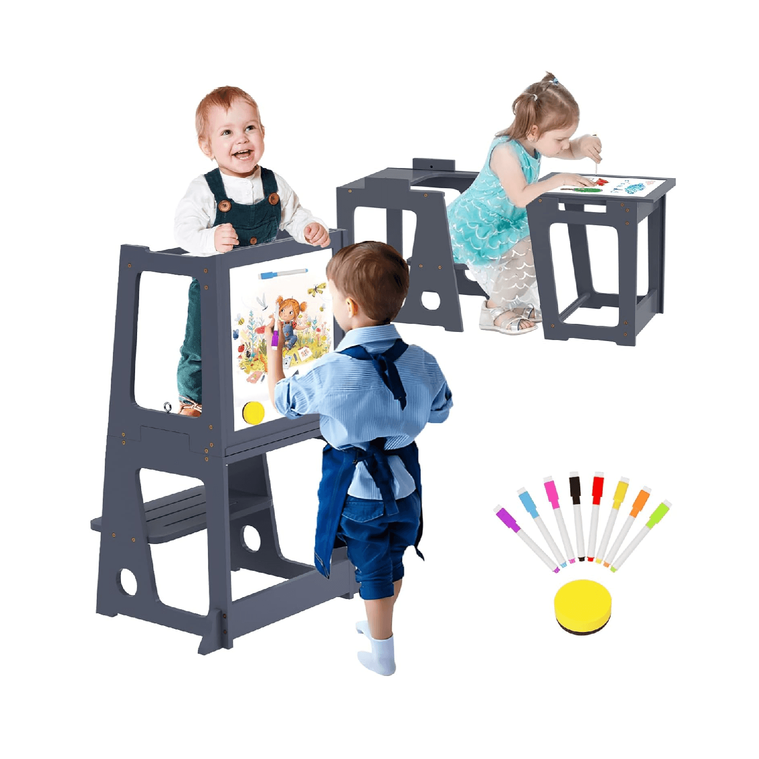 Montessori BueDeHai 4-in-1 Learning Tower With Whiteboard and Safety Rail Gray