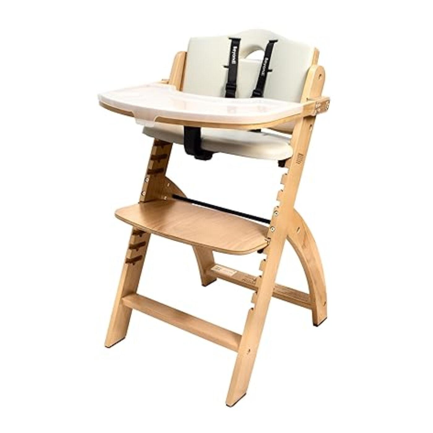 Montessori Abiie Beyond Junior Convertible Wooden High Chair Natural Wood Dove Grey Cushion