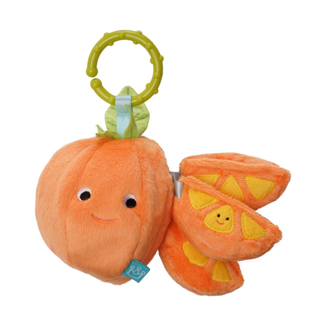 Montessori Manhattan Toy Mini-Apple Farm Orange Toy With Rattle, Squeaker, Crinkle Fabric & Teether Clip-On Attachment
