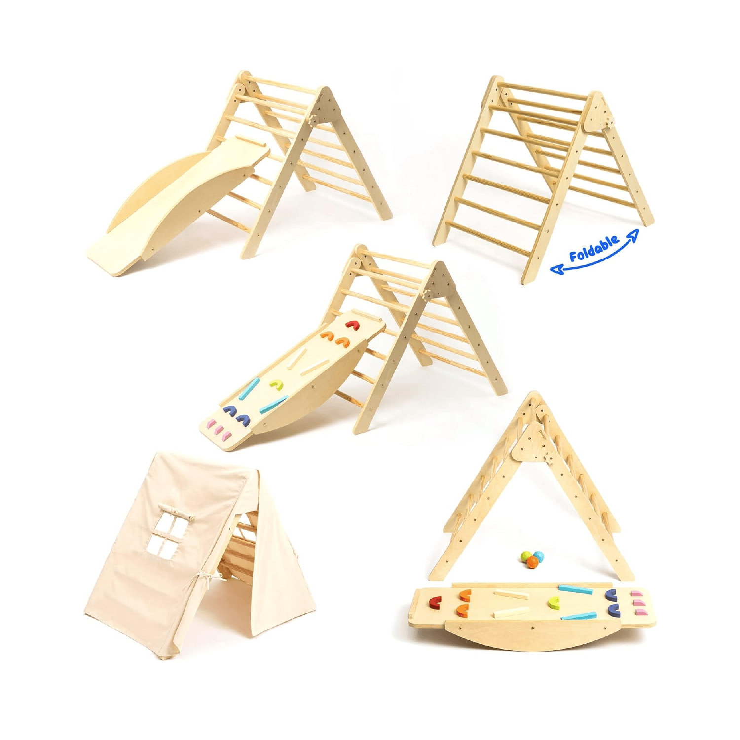 Montessori Growgo Pikler Triangle With Climbing Wall and Slide