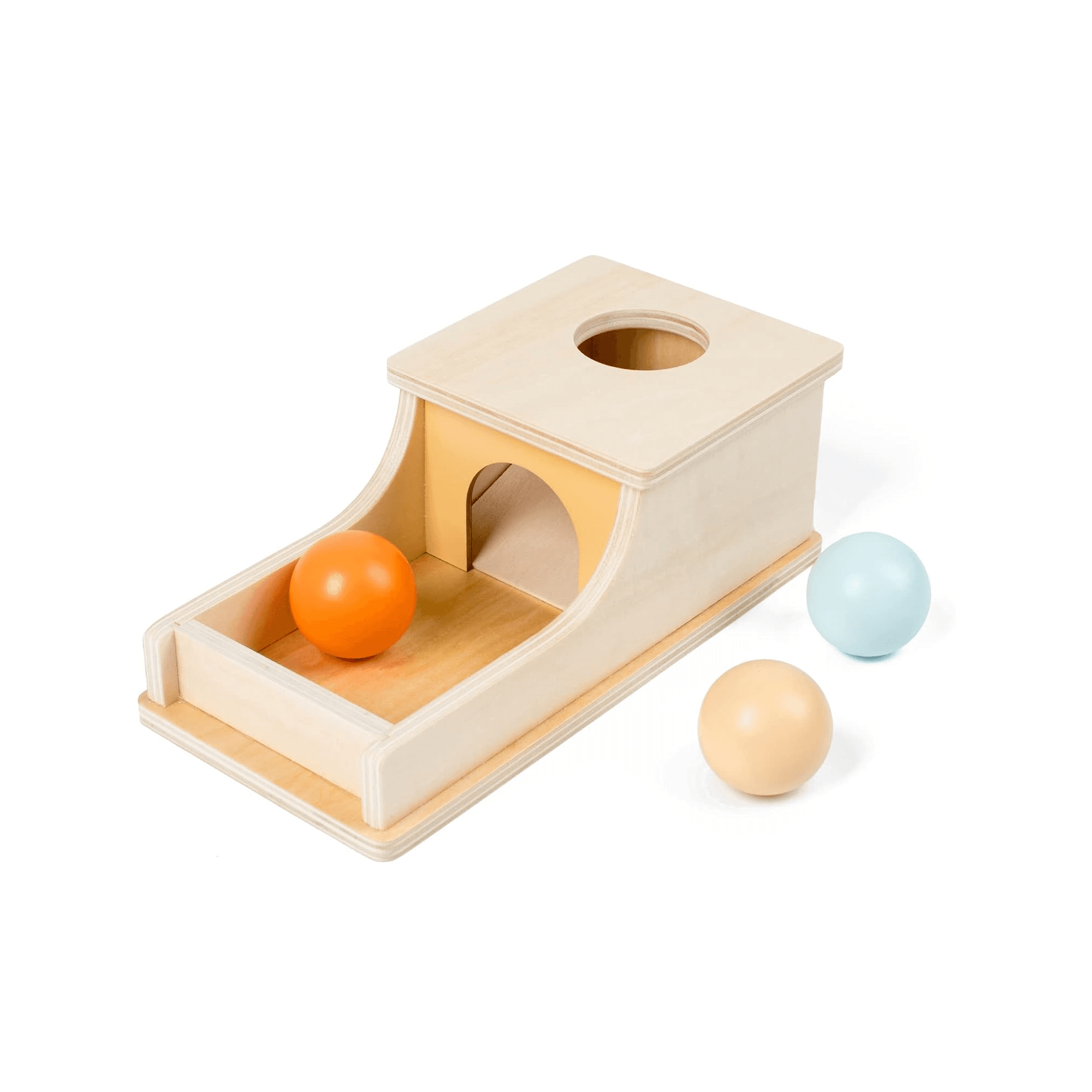 Montessori Busy edition Object Permanence Box Orange, Yellow, and Light Blue Middle